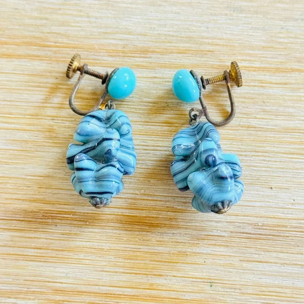 VTG Art Deco Screw Back Swirl Glass Earrings Blue Pastel Marbled Dangle Flapper